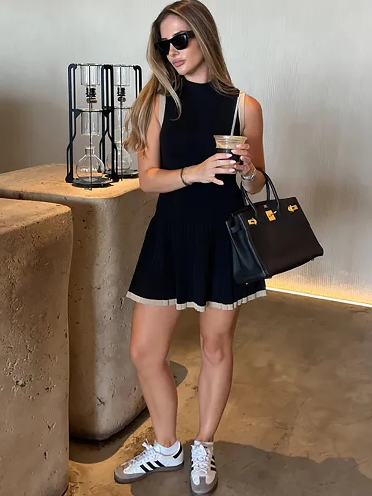 JULISSA MO Knitted Sexy Round Neck Pleated Women Dress White Sleeveless High Waist Dress Female Summer Slim Casual Sporty Dress