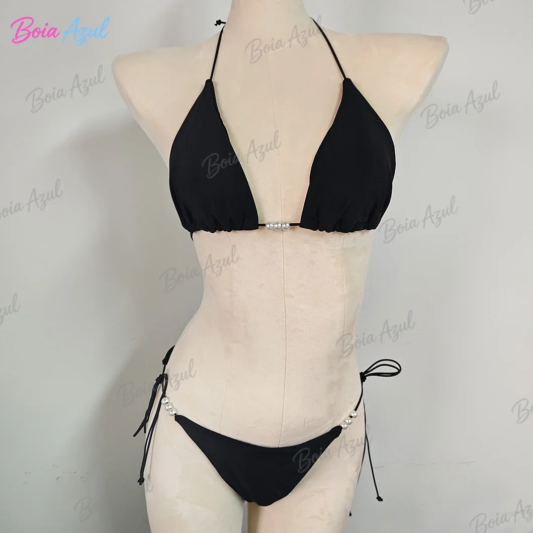 

Boia Azul Black Triangle Bikini Swimwear, Pearl-Decorated Separate Swimwear, Beach Backless Swimwear