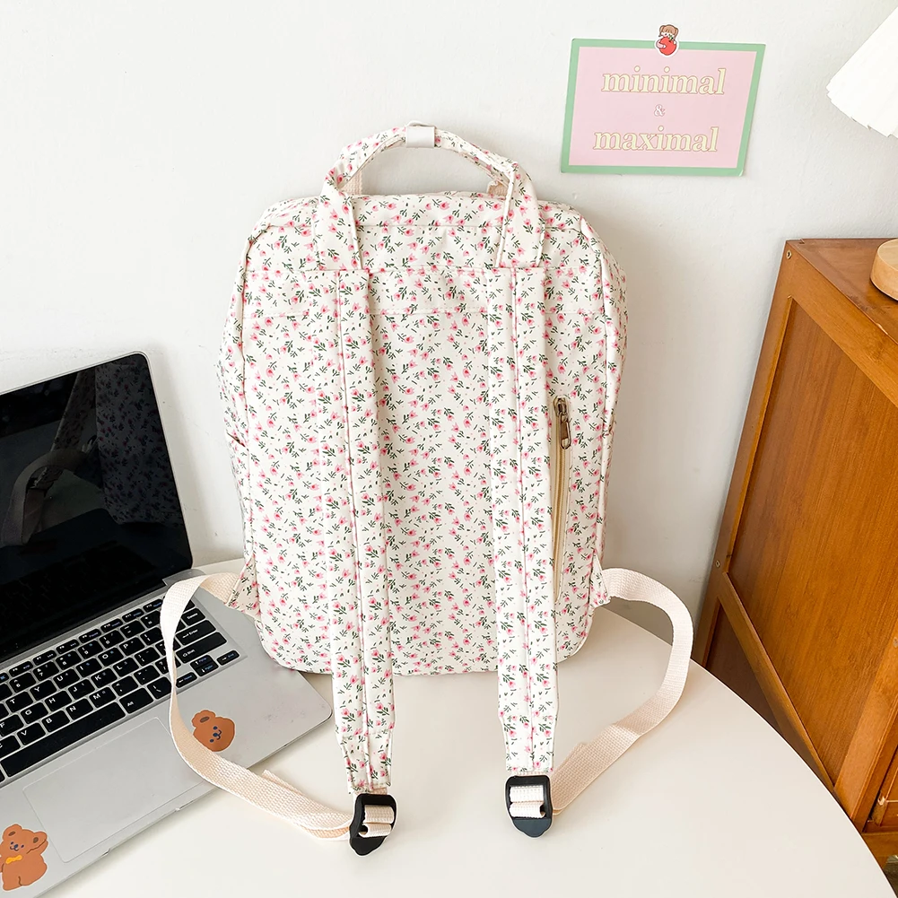 Women Simple Floral Backpack Large Capacity Canvas Travel Laptop Rucksack Adjustable Strap Students Daily Bag