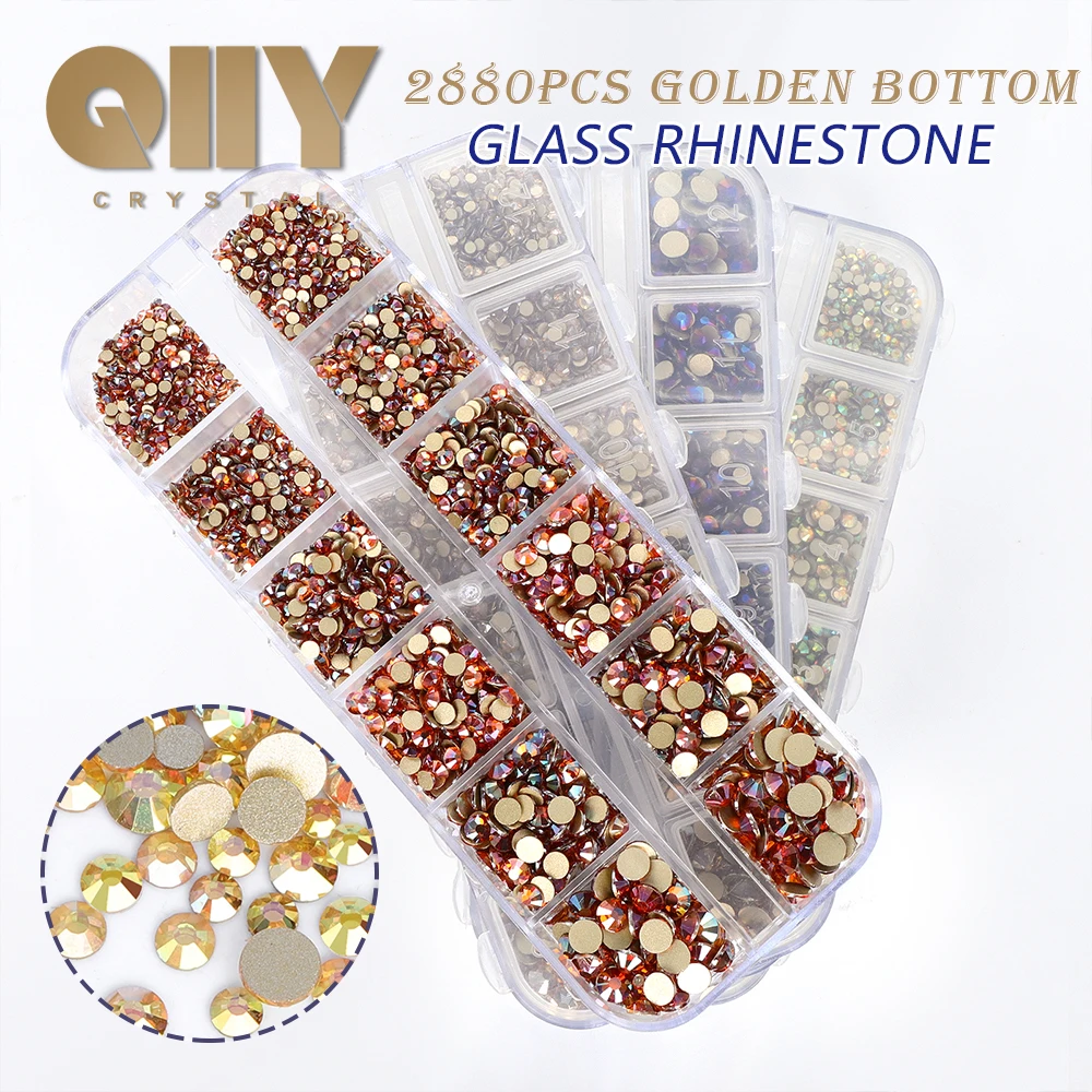 

QIIY 12 Grids Boxed Mix Size SS6-SS20 High Quality Golden Bottom Crystal Glass Rhinestones For Nail Art Garment Decoration