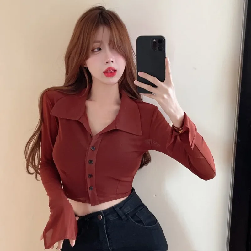 Summer Shirts for Women Long Sleeve Mesh Design Solid Thin Tops High Street Slim Casual Korean Style Simple Breathable Ins Fit