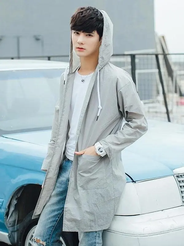 

Men's Long Sve Hooded Jaet Pure Bla Windbreaker Coat Large Size Zipper Clothing Student Sle Outerwear Casual Wear