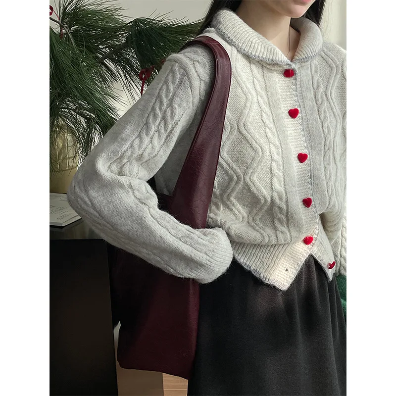 Baby Collar Love Button Fried Dough Twists Sweater Women's Contrast Loose Soft Waxy Knitted Cardigan