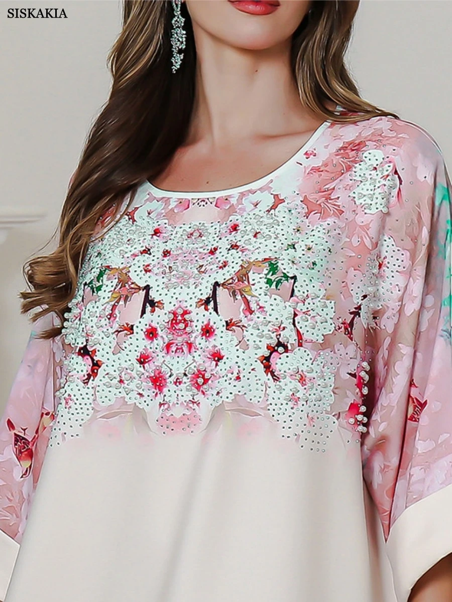 Sisakia dubaï dubaï imprimé fleuri Abaya avec strass robe musulmane col rond manches plis caftans