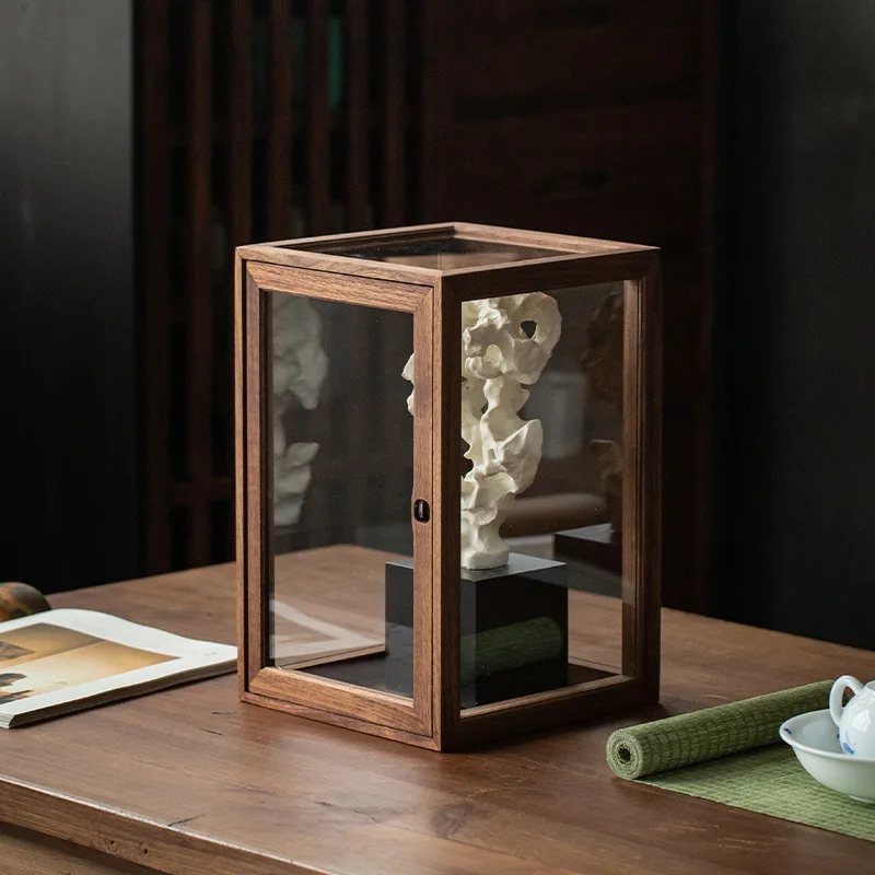 Black Walnut Home Transparent Dust-proof Storage Box Solid Wood Glass Display Box Figure Lego Display Cabinet Wine Cabin