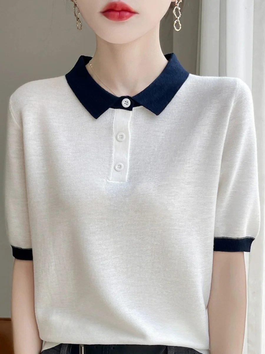 Sli Ne ort Sve T-Shirt für Damen, Sommer, 2024, neu, gestrickt, Basisschicht, Oberteil, Farbe, Blo-Design, Pendeln, einfache Sle