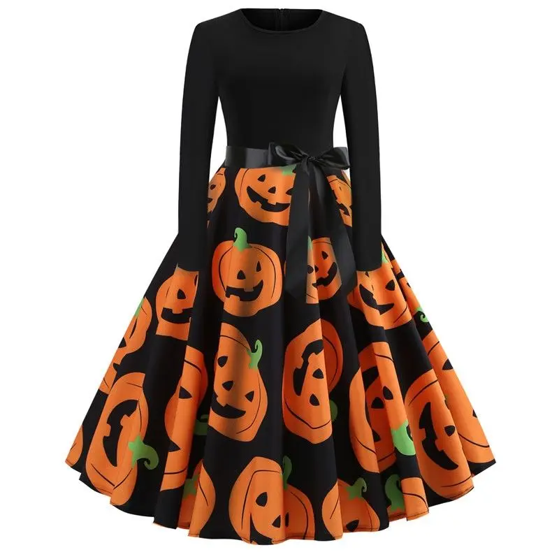

Women Long Sleeve Halloween Dresses With Belt Pumpkin Skeleton Ghost Print O Neck Hepburn Cocktail Party Carnival Evening Skirt