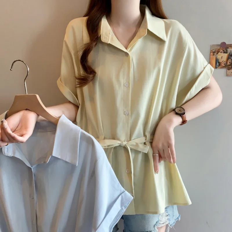 Summer New plus Size Casual Loose Waist Cinched Slimming Solid Color Short Sleeve Sweet Leisure Shirt Women's Polo Neck Butto...