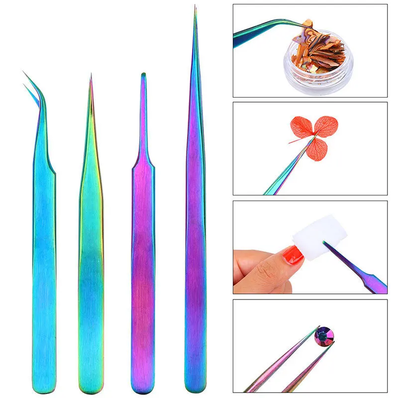 Anti-Static Magic Color Stainless Steel Tweezers Fake Nail Insert Drill Take Drill Camera 4 Styles Available