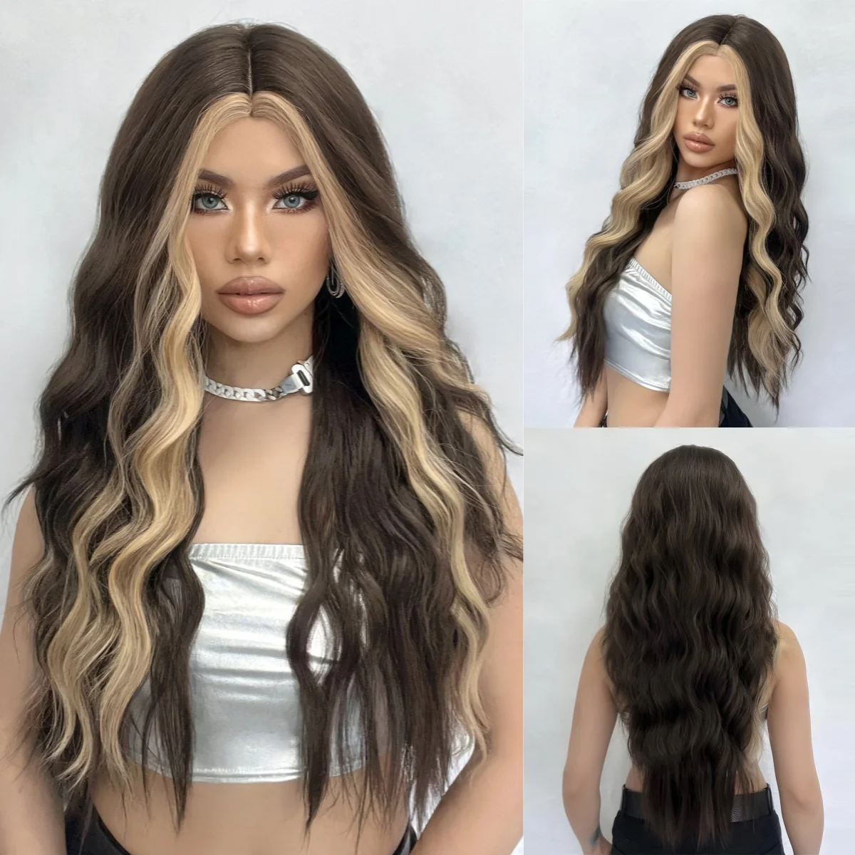 Brown Blonde Highlight Synthetic Wig Middle Part Long Loose Wavy Wigs Daily Party Cosplay Fake Hair for Women Use Heat Resistant