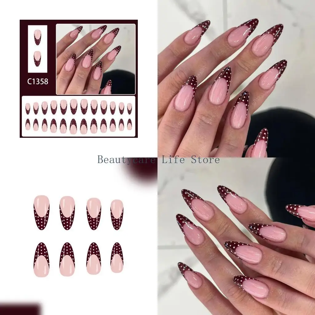 

652C 24 шт., овальные французские кончики ногтей, винно-красные, белые, в горошек, дизайн, пресс на ногтях