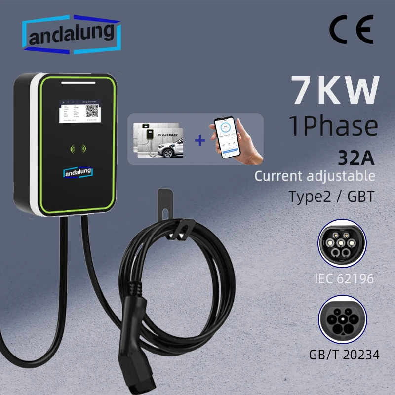 Andalung EV 충전기 스테이션 GBT 32A EVSE 충전 월박스 타입 2, 앱 와이파이 제어 및 RFID 카드 포함, 7kw