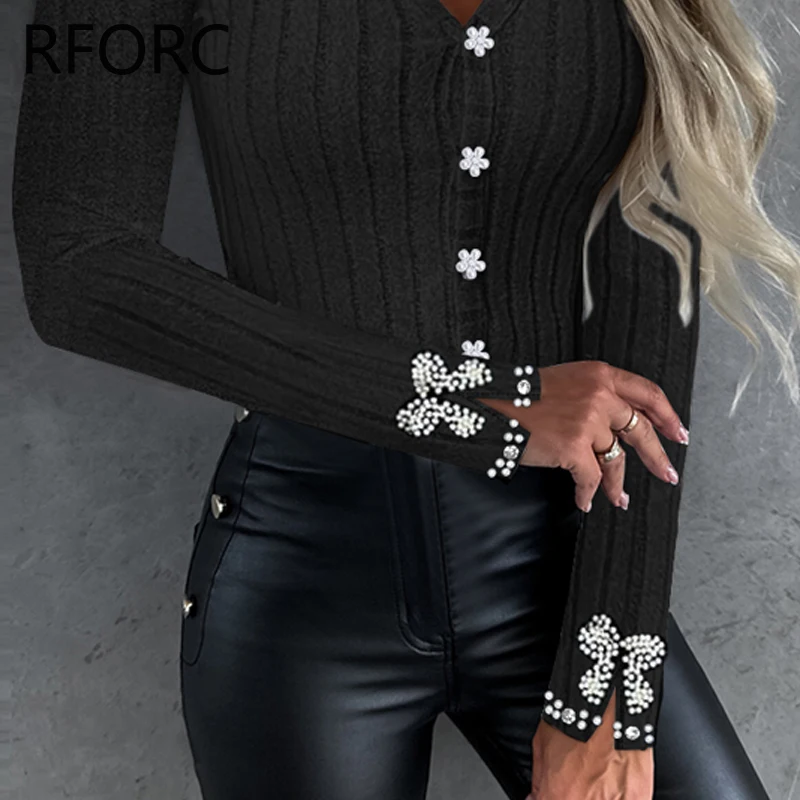 2024 Women Long Sleeves Beading Decoration Casual Basic Knitting Blouse Top