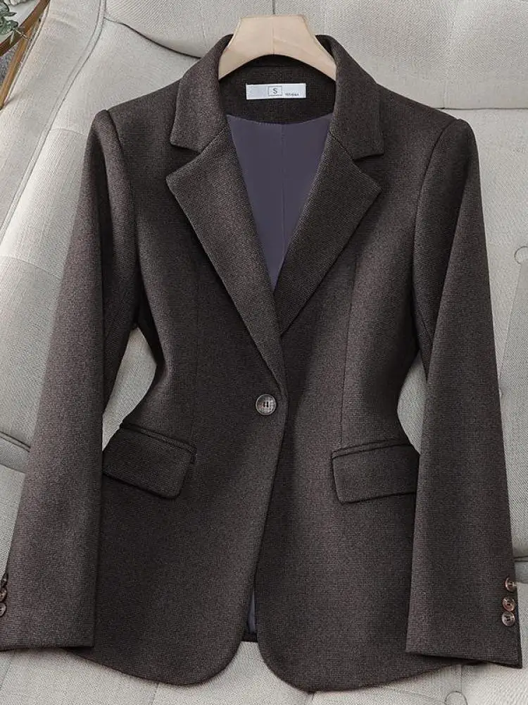 

French Women Grey Temperament Long Sleeve Slim Woolen Blazer Coat Fashion 2024 New Autumn Winter Ladies Brown Office Button Tops