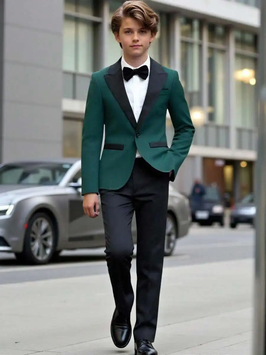

2-Piece Slim Fit Formal Suit for Boys - Emerald Green Jacket with Black Lapel, Black Pants