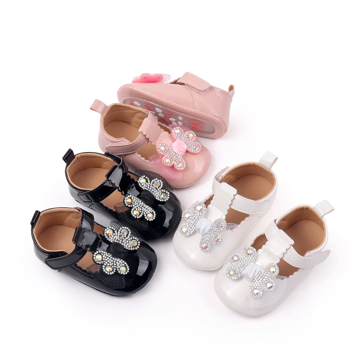 

Baby Girls Shoes PU Leather Bowknot Flat Non Slip Rubber Sole Toddler First Walkers Princess Butterfly Style with Diamond Inlay