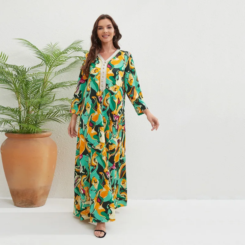 Women Dress Printed Loose Ladies Vestidos Summer New Casual Household Clothes and Fashionable V-neck Robes