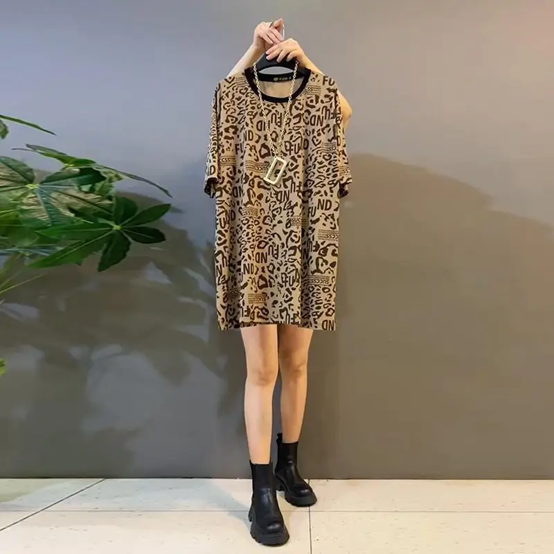 Women\'s Clothing Casual Leopard T-shirt Fashion Spliced 2024 Summer Short Sleeve Vintage Printed Loose Commute Basic Pullovers