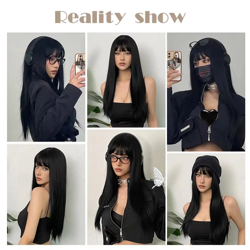 Long thread smooth synthetic wig with bangs women\'s black hair natural and comfortable role-playing party Lolita