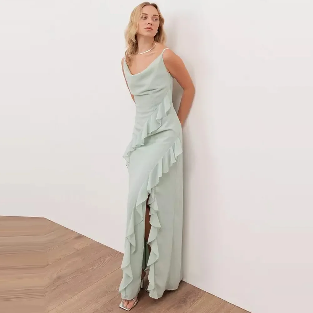 

Customized Sage Green Cowl Neck Ruffle Maxi Dress Custom Color High Slit Formal Party Dress