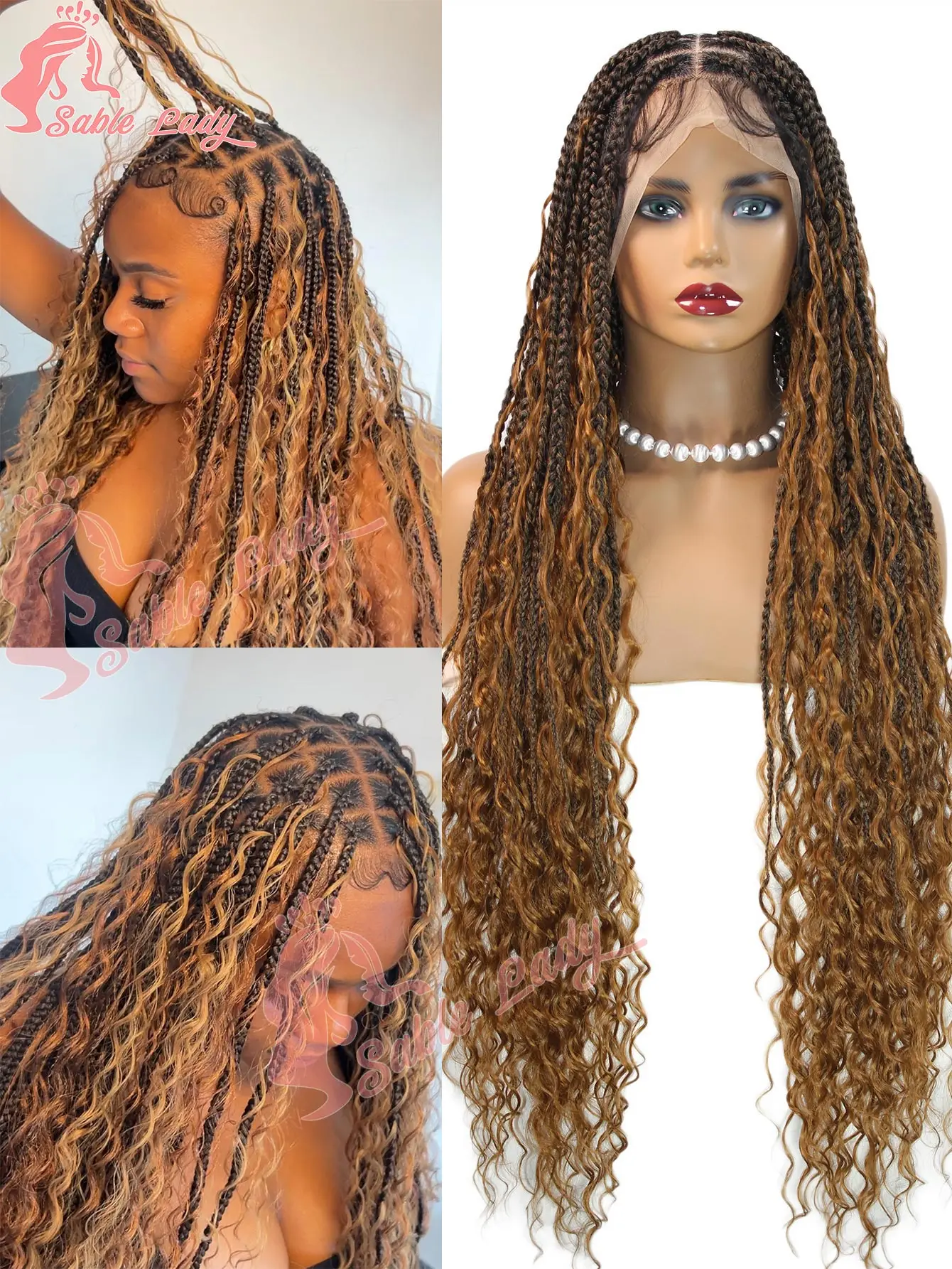 بوهو البوهيمي صندوق الضفائر شعر مستعار مضفر الزنجبيل البني كامل الدانتيل بوهو شعر مستعار مضفر الاصطناعية مجعد الشعر مع شعر الطفل للنساء السود