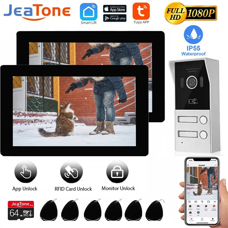 Jeatone Tuya 7 Inch WiFi 1080P Video Intercom Smart Home APP Wired Video Door Phone Touchscreen Monitor RFID Access Control Kits