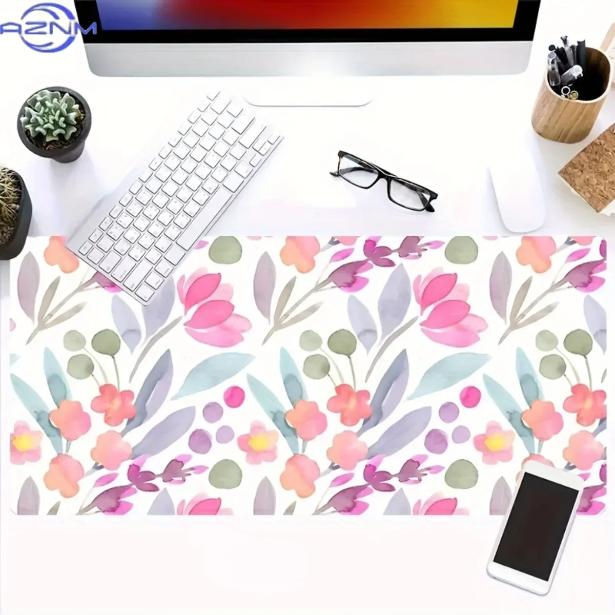 Plant Pattern Mouse Pad Rubber Non-Slip Stitched Edge Desk Mat for Work Gaming PC Laptop Graphics Tablet Decor