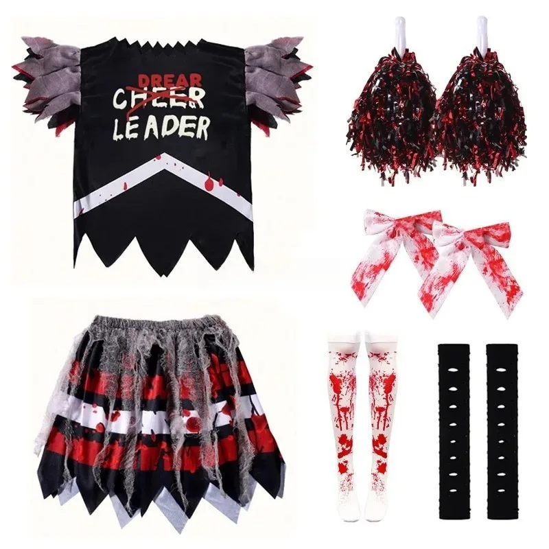 Disfraz de Halloween para Niños, Conjunto de Disfraz de Animadora Zombi, Vestido de Líder de Grupos Fútbol Americano, Atuendo Sangriento con Pompones y Calcetines