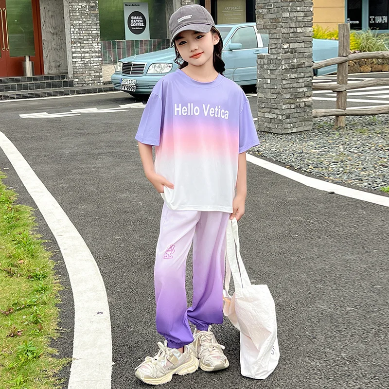 Summer Girls Gradient Contrast T-Shirt Tops+Lightweight Pant Active Sets School Kids 2PCS Tracksuit Child Jogger Outfits