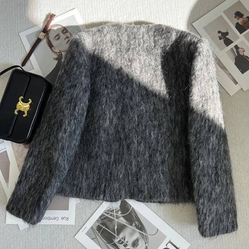 Elegant Tweed Jacket Women Classic Gray Fluffy Single Breasted Pockets Commuter Coat Fashion Slim Chic Office Lady Outwear