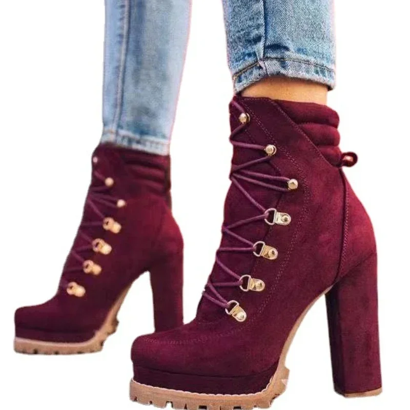 Women Platform Rivet Ankle Boots Female Retro High Heels Autumn Fashion Sexy Lace-Up Pumps Ladies Shoes Plus Size 35-43