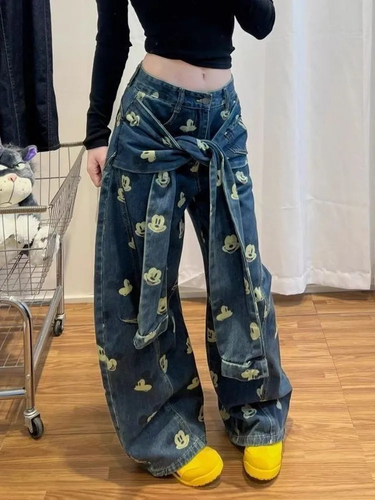 

Retro American Pattern Printed Wide Leg Jeans Women's Winter Loose Fit High Street Sle Casual Long Trousers