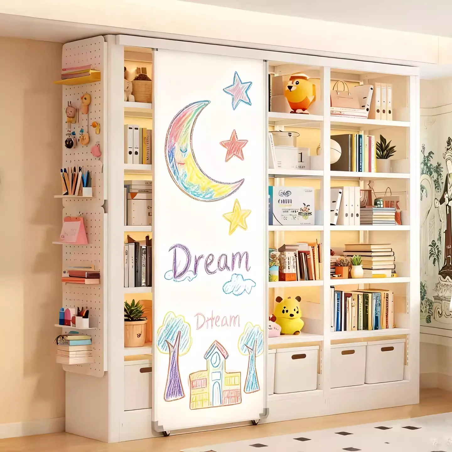 Steel bookshelf Children's sliding door Whiteboard door Bookshelf Bedroom study storage bookcase