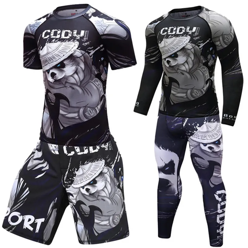 Apertado Boxe Compressão Jersey e Calças Set, Rashguard BJJ Kickboxing T-shirts, Muay Thai MMA Sportsuit, Roupas Fitness