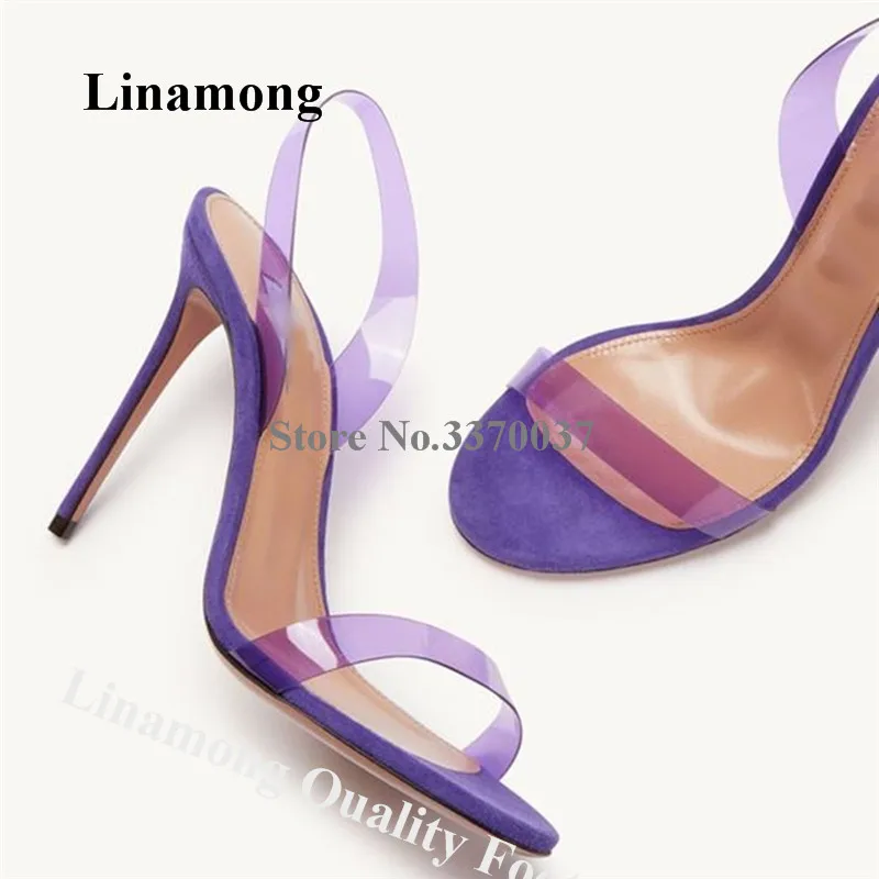 Clear PVC Patchwork Sandals Linamong Newest Transparent Straps Stiletto Heel Sandals Sexy Purple High Heels Wedding Shoes