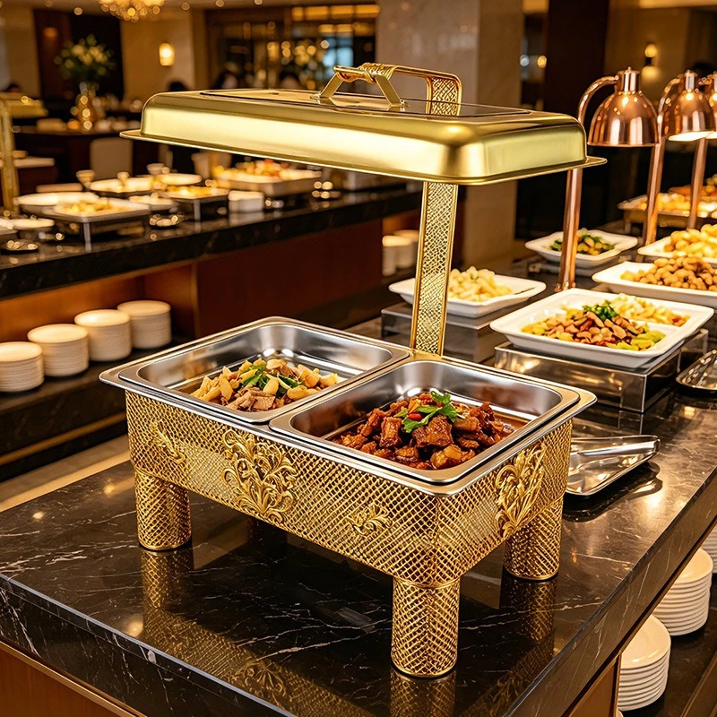 Middle Eastern style stainless steel buffet stove 9L rectangular gold lace hanging cover stove food insulation alcohol stove