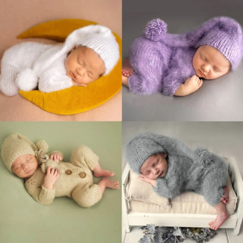 Newborn Photography Outfit Knitted Cap Mohair Baby Romper Jumpsuit and Hat Photo Shoot Props