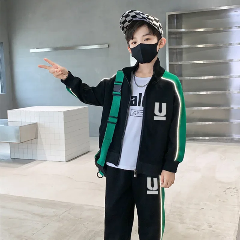 Spring Autumn Active Kids Clothes Boy Children Striped Zipper Jacket Pants Sets Teenage Clothing Kids Tracksuits 2Pcs 4-14 Year