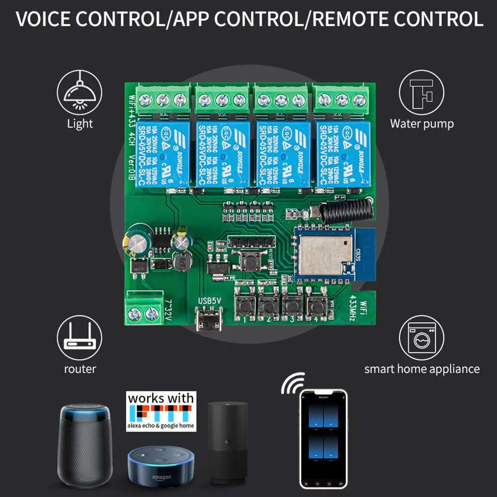 4CH Tuya Smart Switch 220V WIFI Module Remote Control USB 5V 12V 24V 85-250V RF Receiver 10A Smart Relay Includes Free Shell