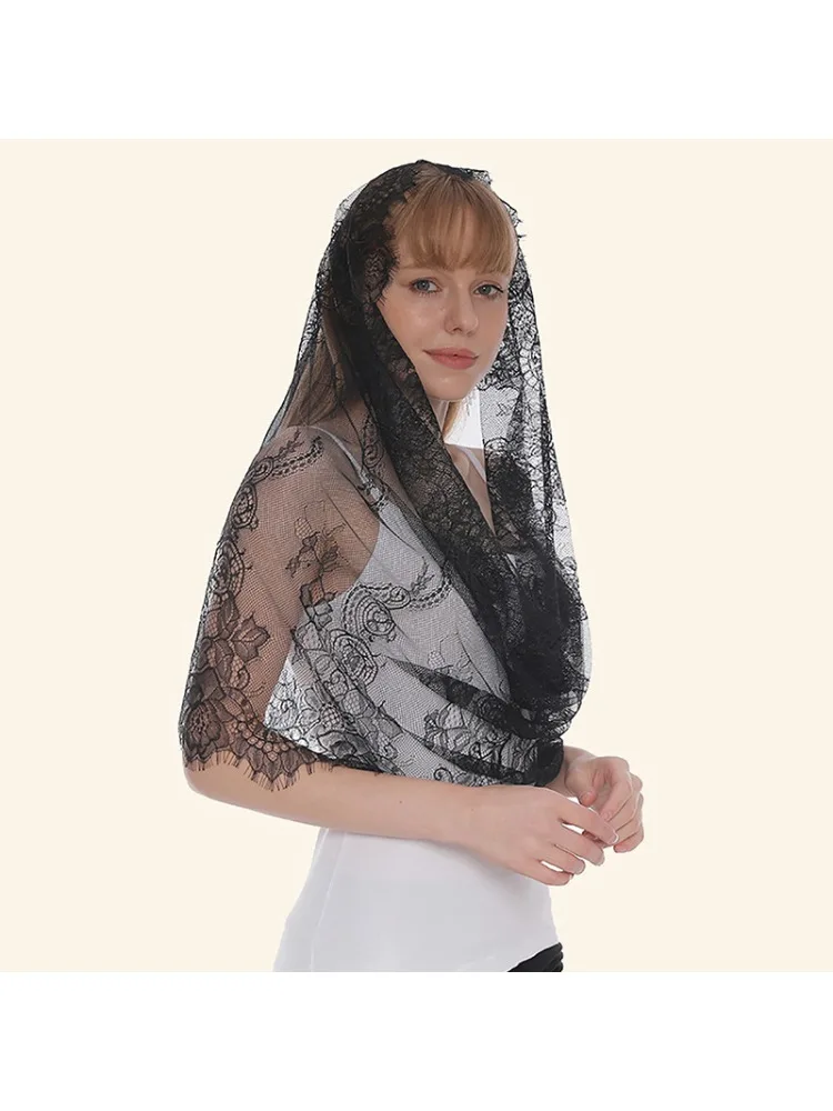 Black White Solid Color Eyelash Edge Circular Headscarf Lace  Breathable Scarf Shawl Clothing Accessories Gifts for Women