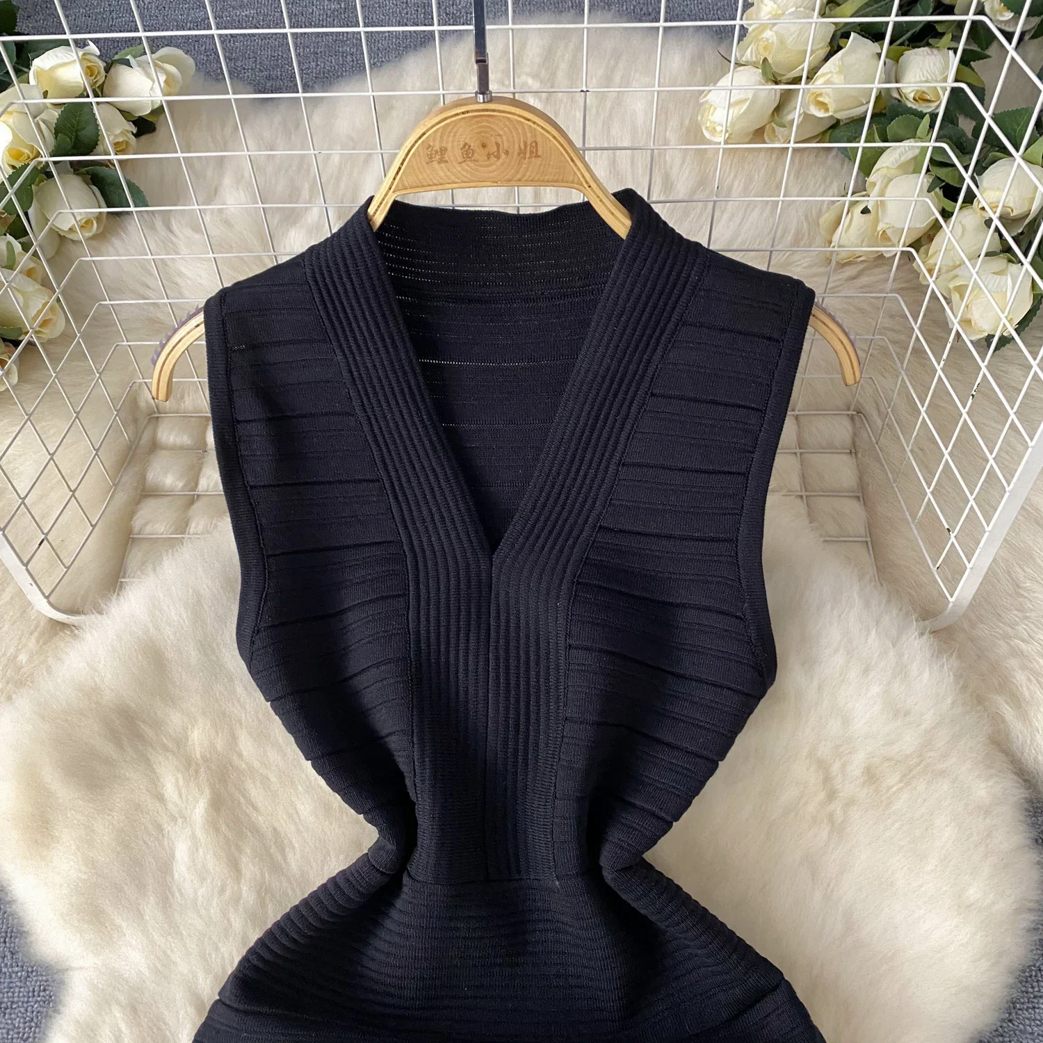 Summer New Bodycon Basic Women Knitting Dress Sleeveless V Neck Tank Ladies Elastic Waist Solid Streetwear Dresses