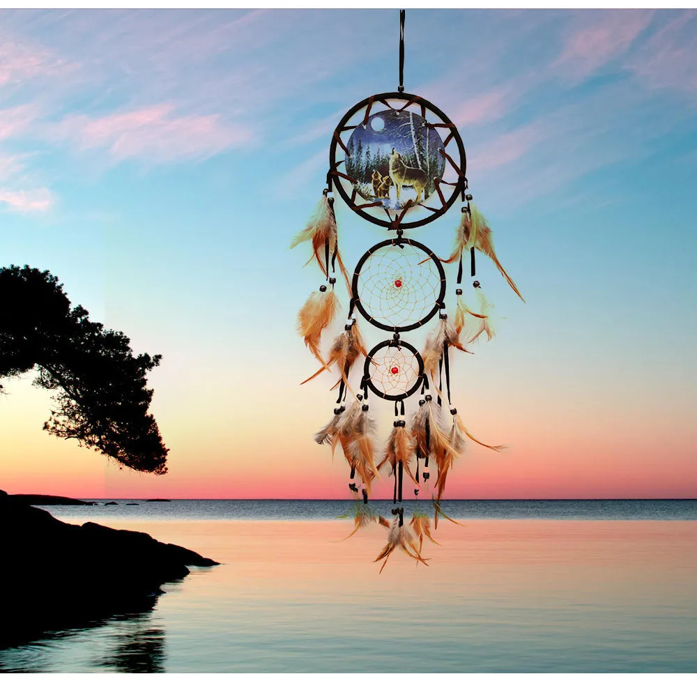 Creative Dream Catcher Wall Decor with Wolf Eagle Bear Pattern Dreamcatcher Retro Feather Ornament Home Room Hanging Decoration