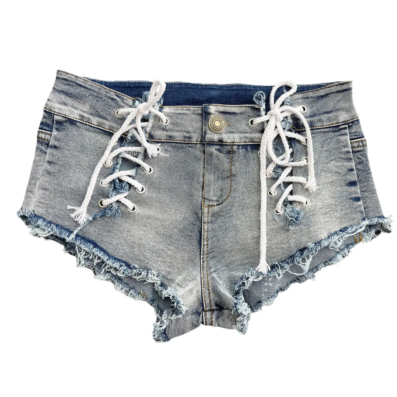 Short en jean taille haute pour femme, jean super court, coton denim, trou cassé, bandage épissé, maigre, sexy, nouveau, été, 2024