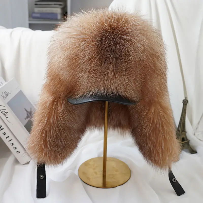 New Winter Men's 100% Real Silver Fox Fur Bomber Hat Raccoon Fur Ushanka Cap Trapper Russian Man Ski Hats Caps Real Leather