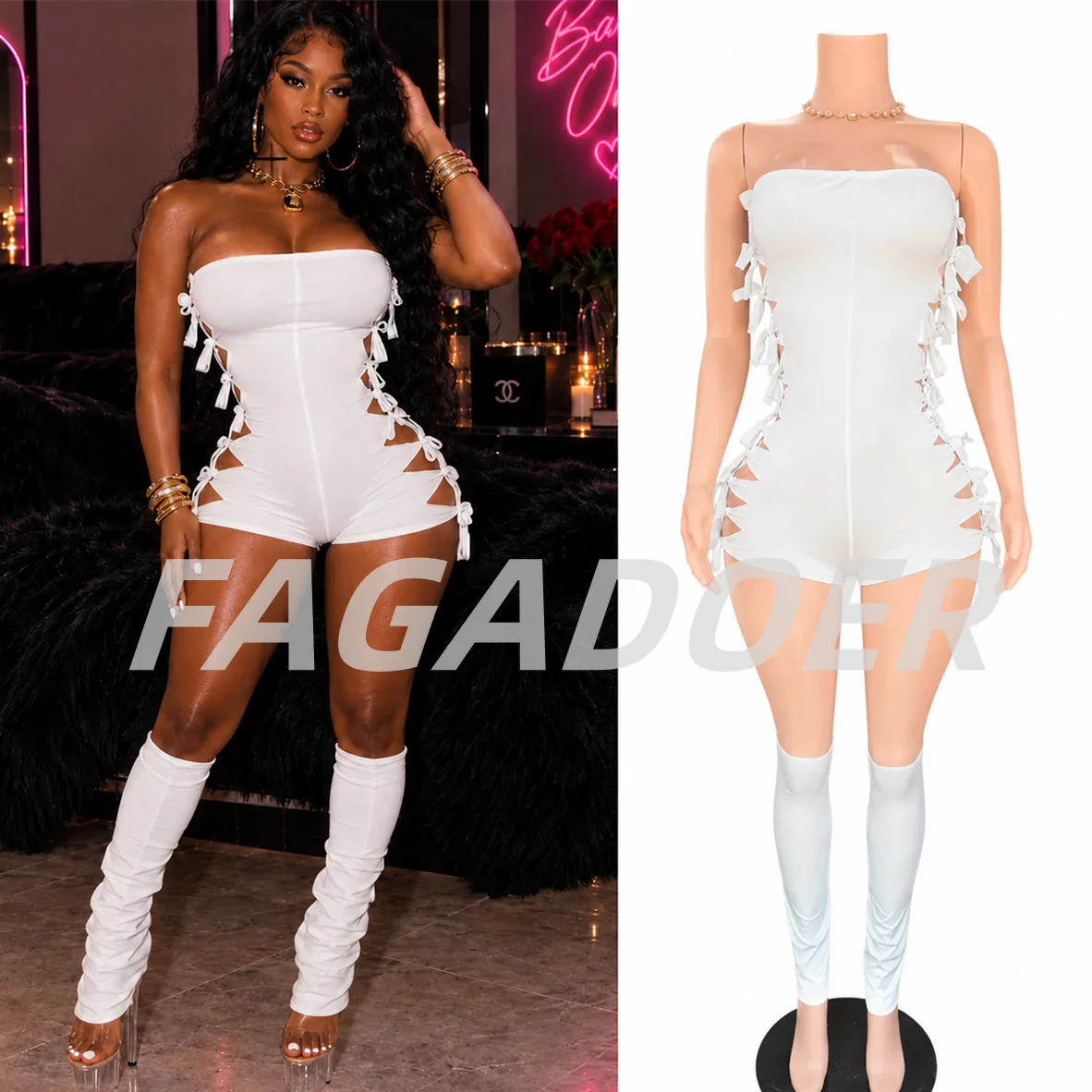 FAGADOER Sexy Hollow-out Patchwork Rompers for Woman See Through Sleeveless Backless Jumpsuits Female Streetwear Overalls New