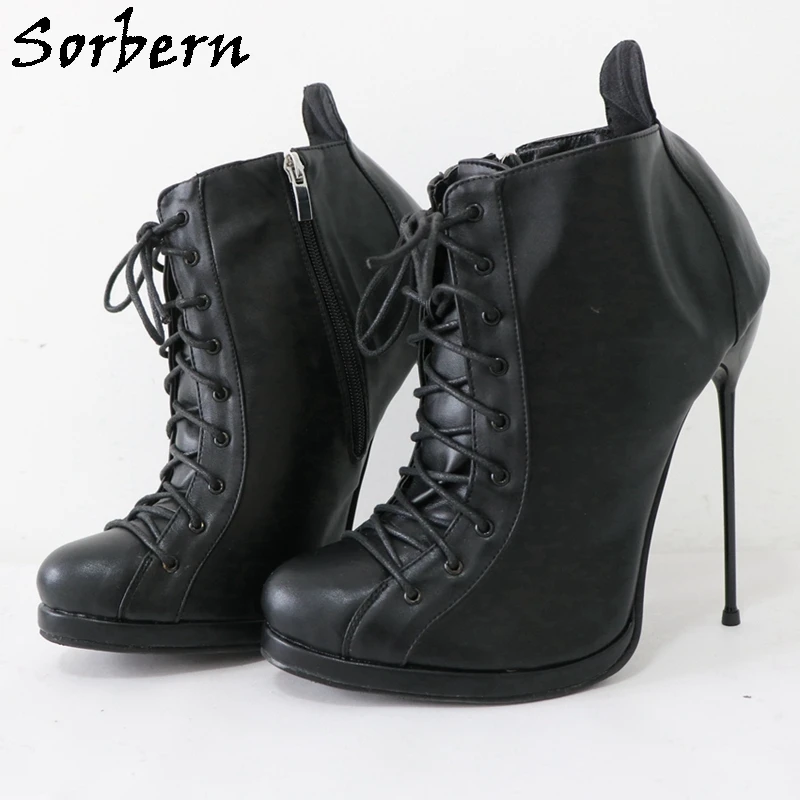 

Sorbern Black Cigarette Heels 16Cm Boots Ankle High Women Stilettos Thin Platform Short Booties Cute Round Toe Size Us12 Custom