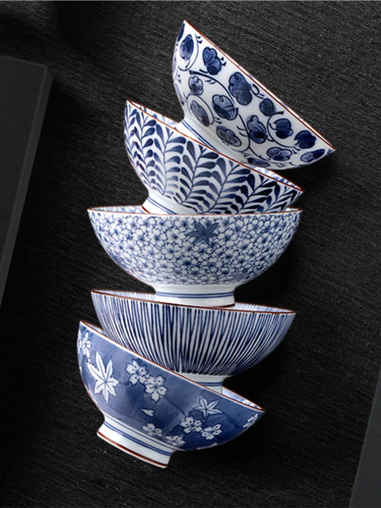 Mino Yaki Ceramic Bowl Household Japanese-Style Tableware Rice Bowl Noodle Bowl Blue and White Porcelain Bowl Set Gift