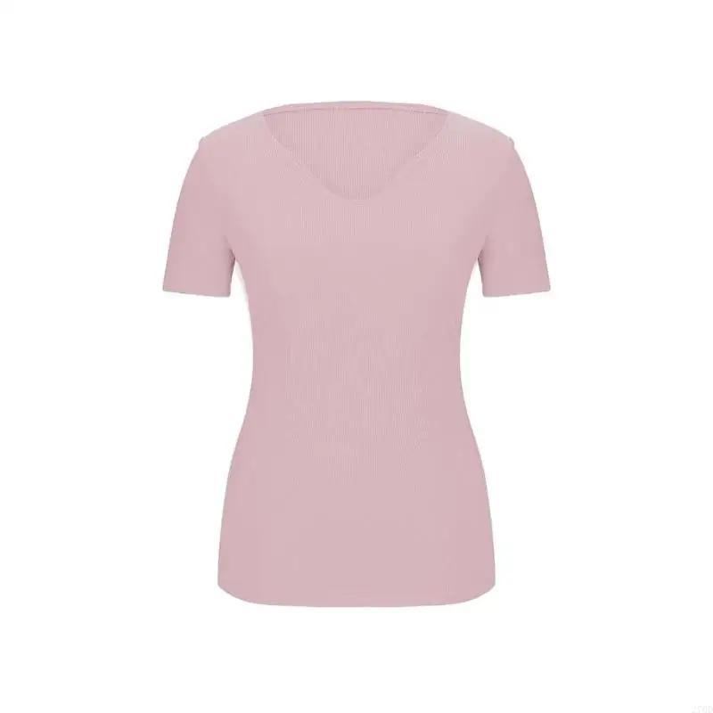 Womens Short Sleeve Shirts with Built in Bra V Neck Basic Athletic Workout Yoga Padded Shirts