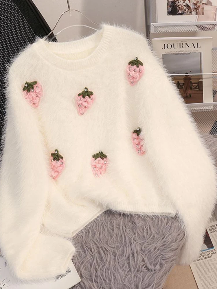 Jmprs 3D Strawberry Soft Sweaters Women Sweet Faux Mink Cashmere Pullovers Chic Cute Long Sleeve Japan Female Knitted Casual Top