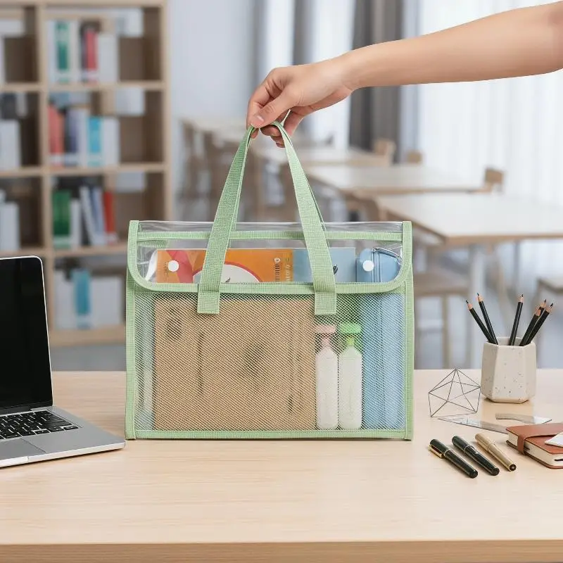 [J] Large Capacity Portable Transparent Waterproof Handheld Folder, Expandable File Storage Bag, PVC Self-adhesive File Bag